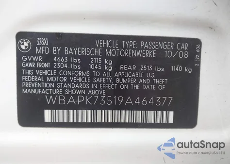 2009 BMW 328I xDrive from USA, damaged, VIN WBAPK73519A464377